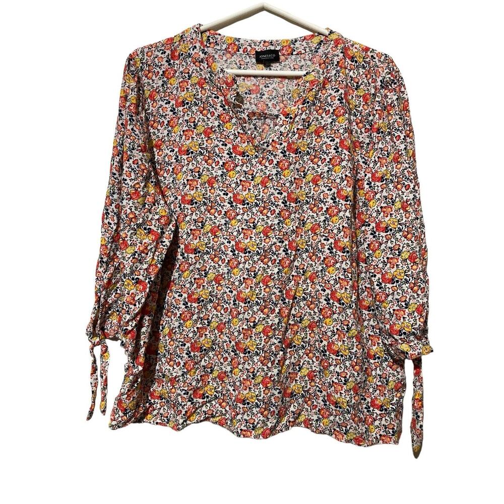 Jones & Co Floral Blouse Plus Size 2x 3/4 sleeve V-Neck, White, Pink, Yellow‎